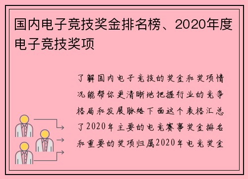 国内电子竞技奖金排名榜、2020年度电子竞技奖项